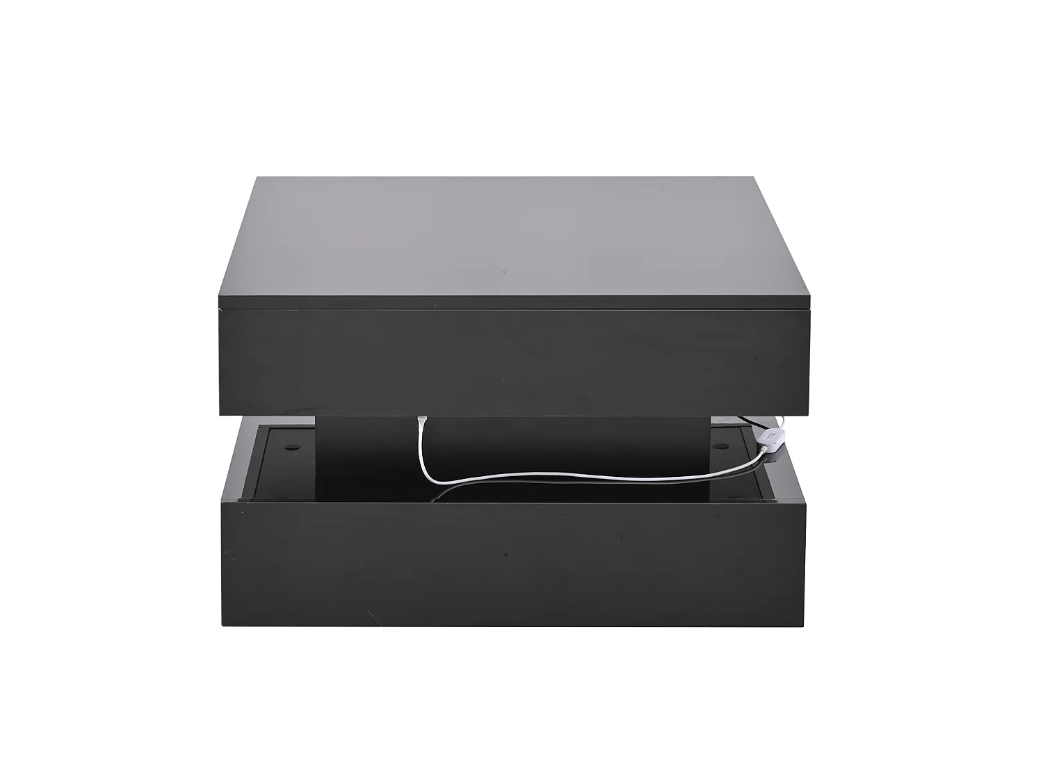 Tavolino da salotto in pannelli di particelle nero 65 x 65 cm con piano sollevabile, 2 cassetti e LED