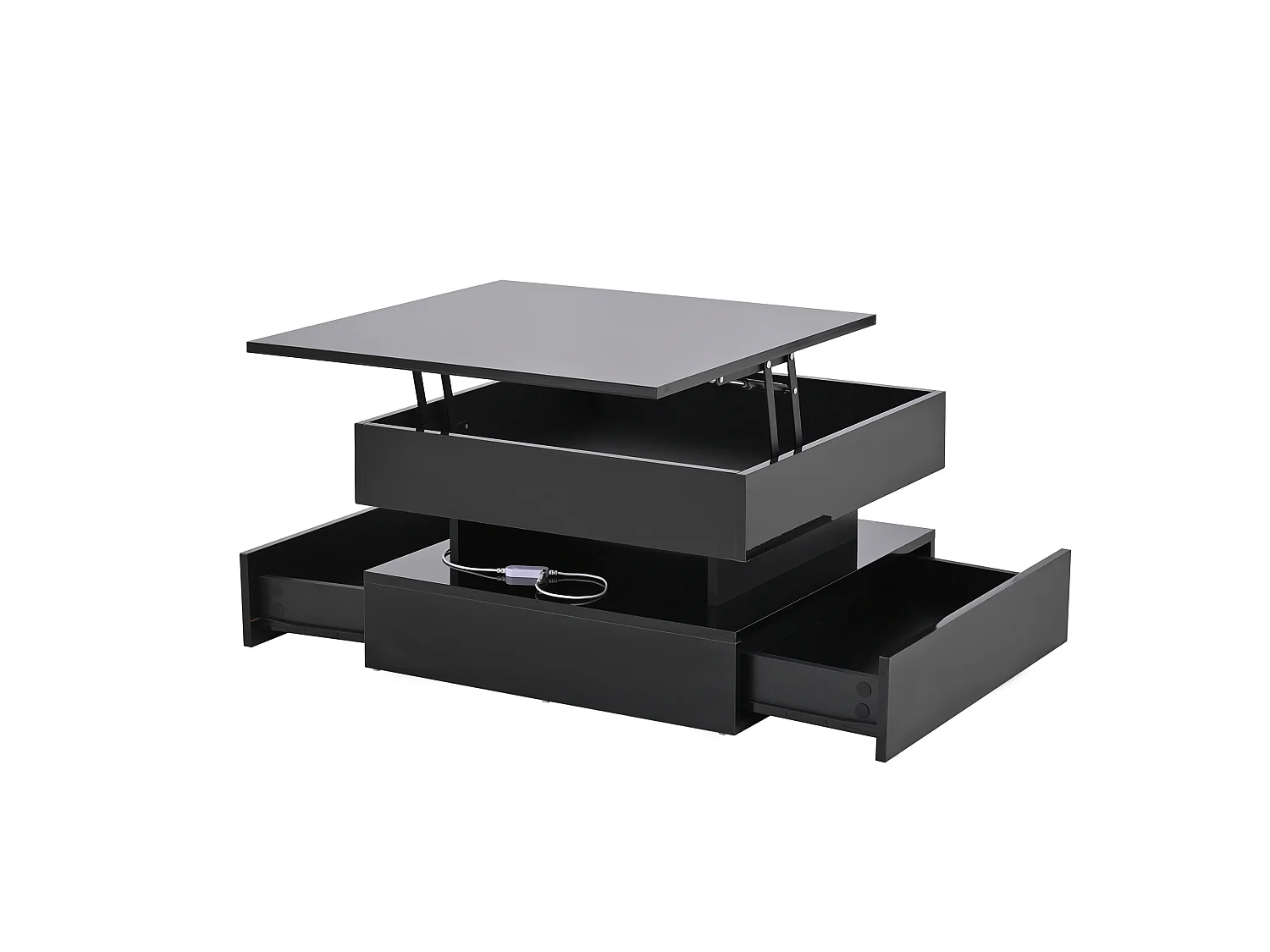 Tavolino da salotto in pannelli di particelle nero 65 x 65 cm con piano sollevabile, 2 cassetti e LED