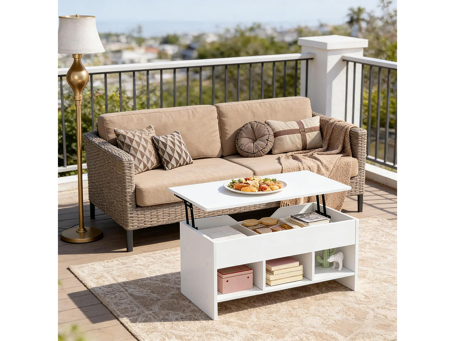 Mesa de centro elevatória em madeira e metal branca, 96 x 51 x 45 cm