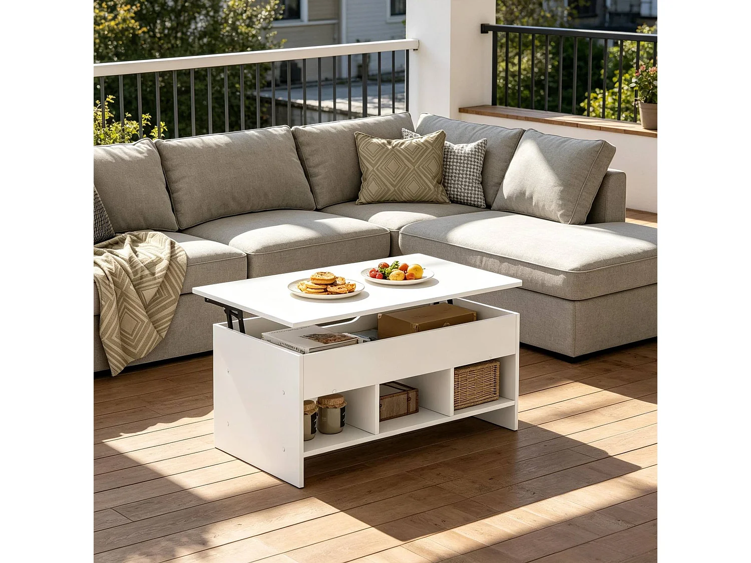 Mesa de centro elevatória em madeira e metal branca, 96 x 51 x 45 cm