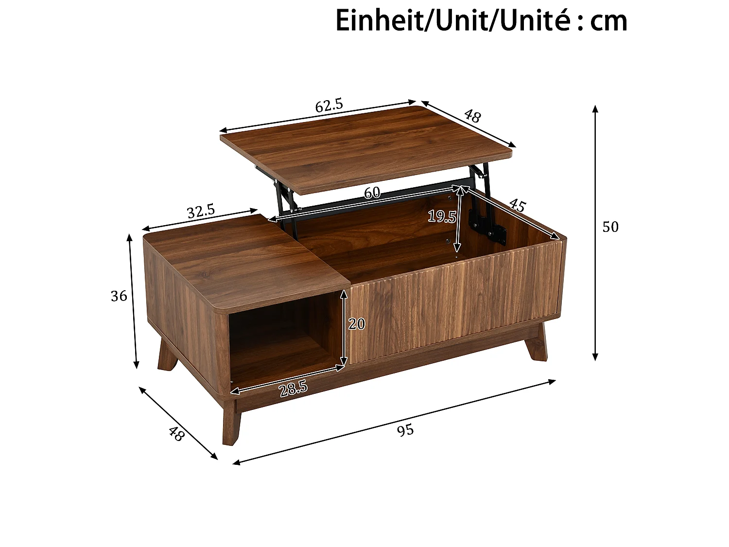 Table basse 95/48/50 cm avec plateau relevable, rangement caché et niche ouverte MDF noyer