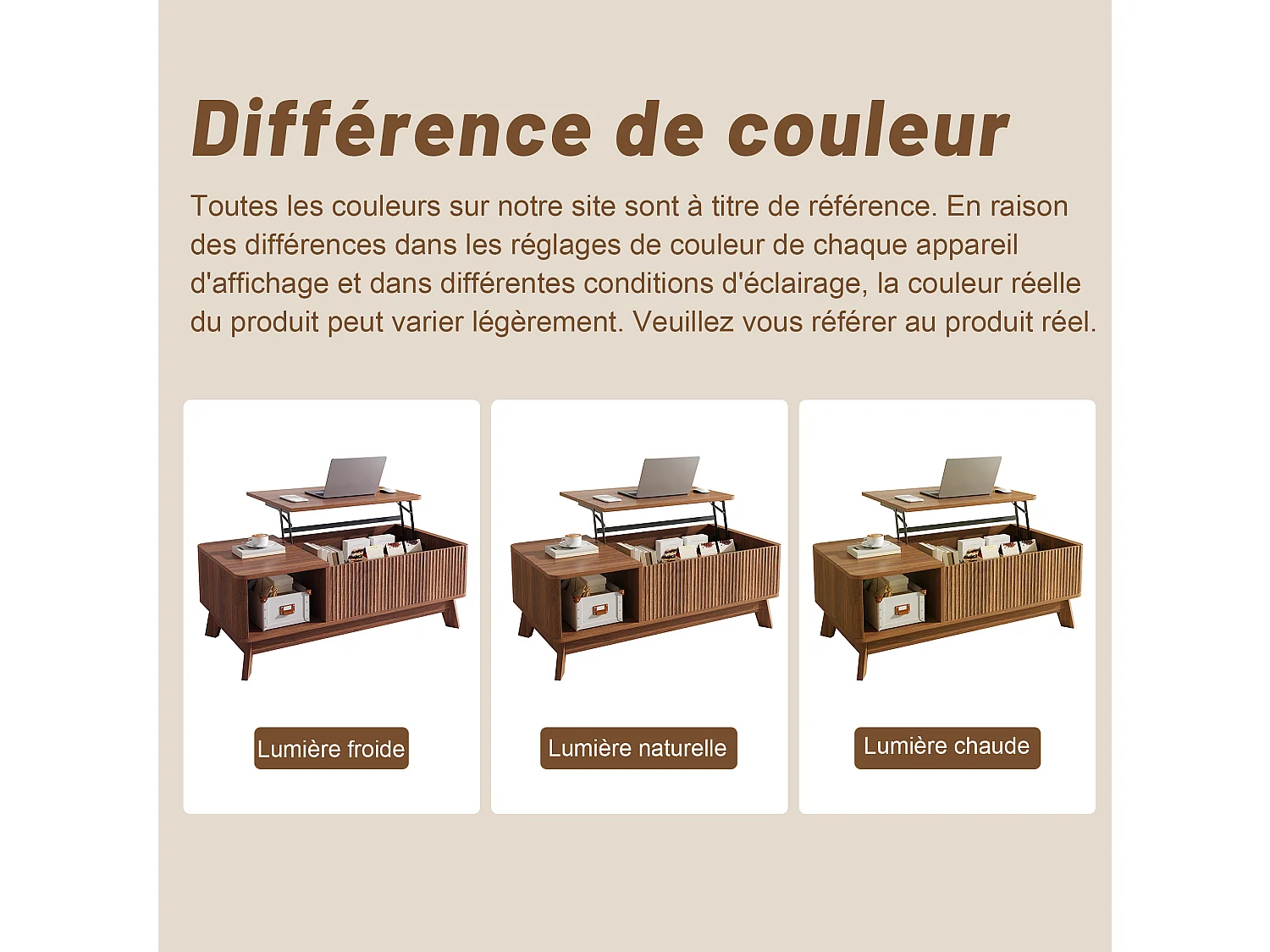 Table basse 95/48/50 cm avec plateau relevable, rangement caché et niche ouverte MDF noyer