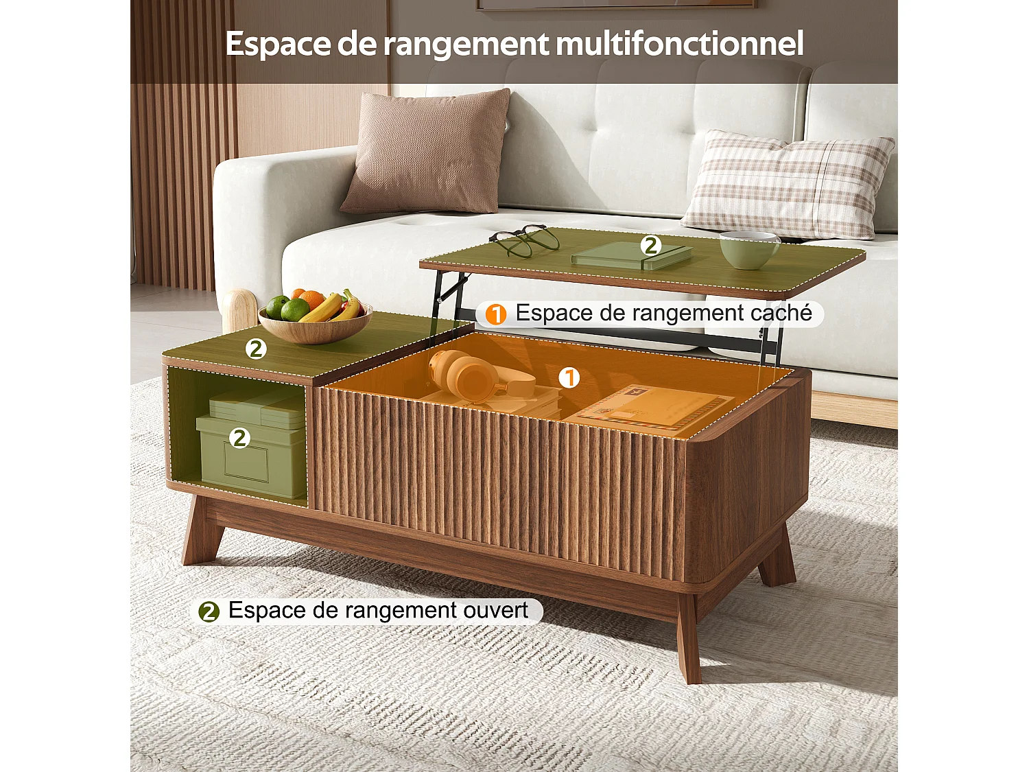 Table basse 95/48/50 cm avec plateau relevable, rangement caché et niche ouverte MDF noyer