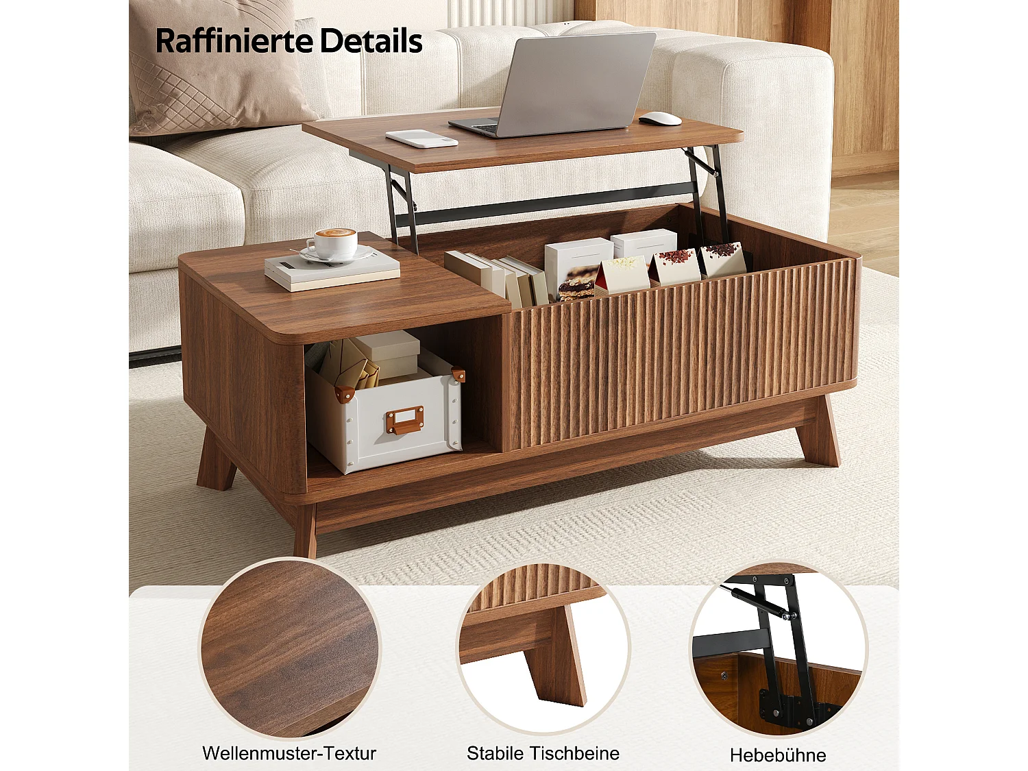 Table basse 95/48/50 cm avec plateau relevable, rangement caché et niche ouverte MDF noyer
