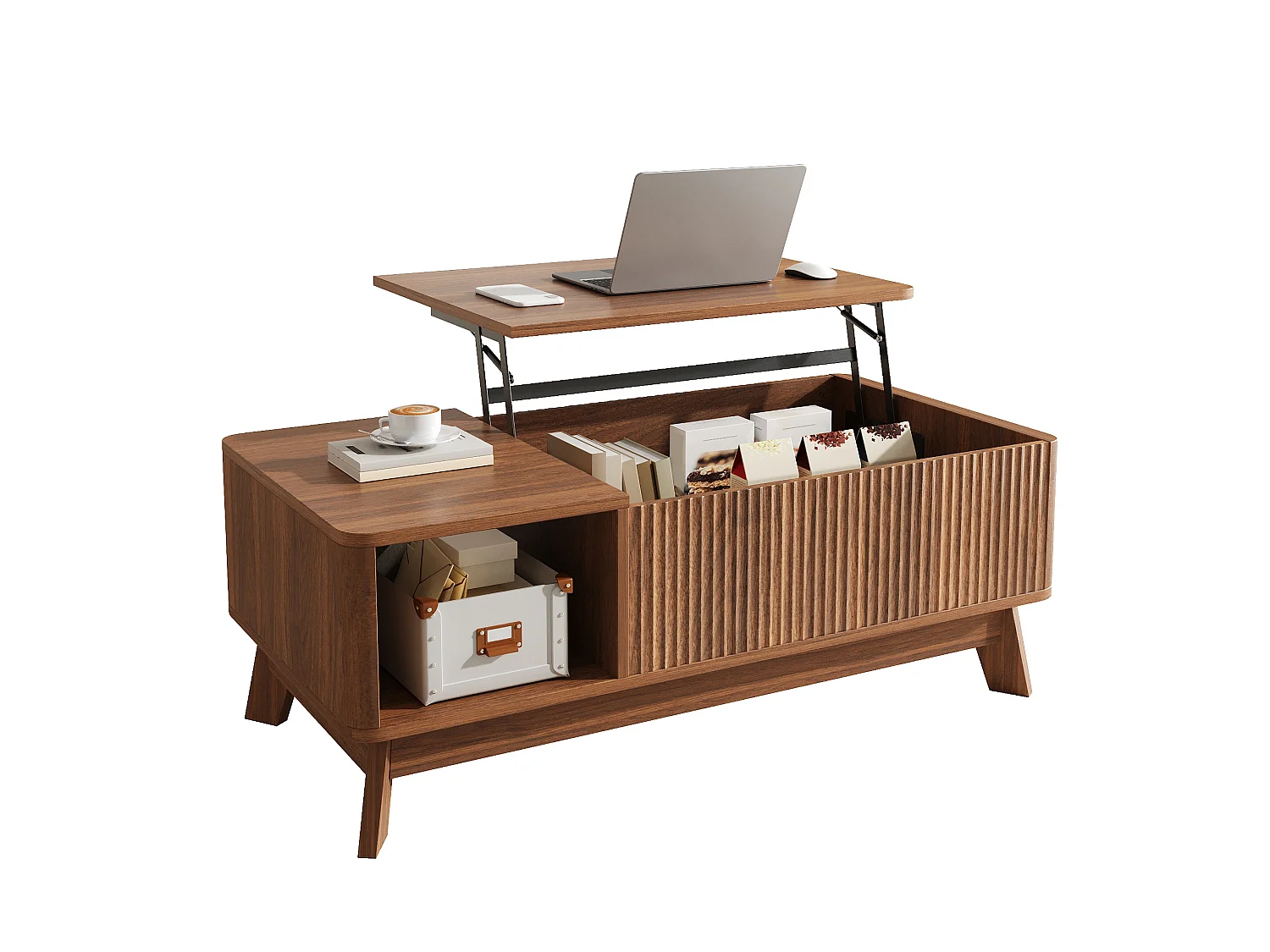 Table basse 95/48/50 cm avec plateau relevable, rangement caché et niche ouverte MDF noyer