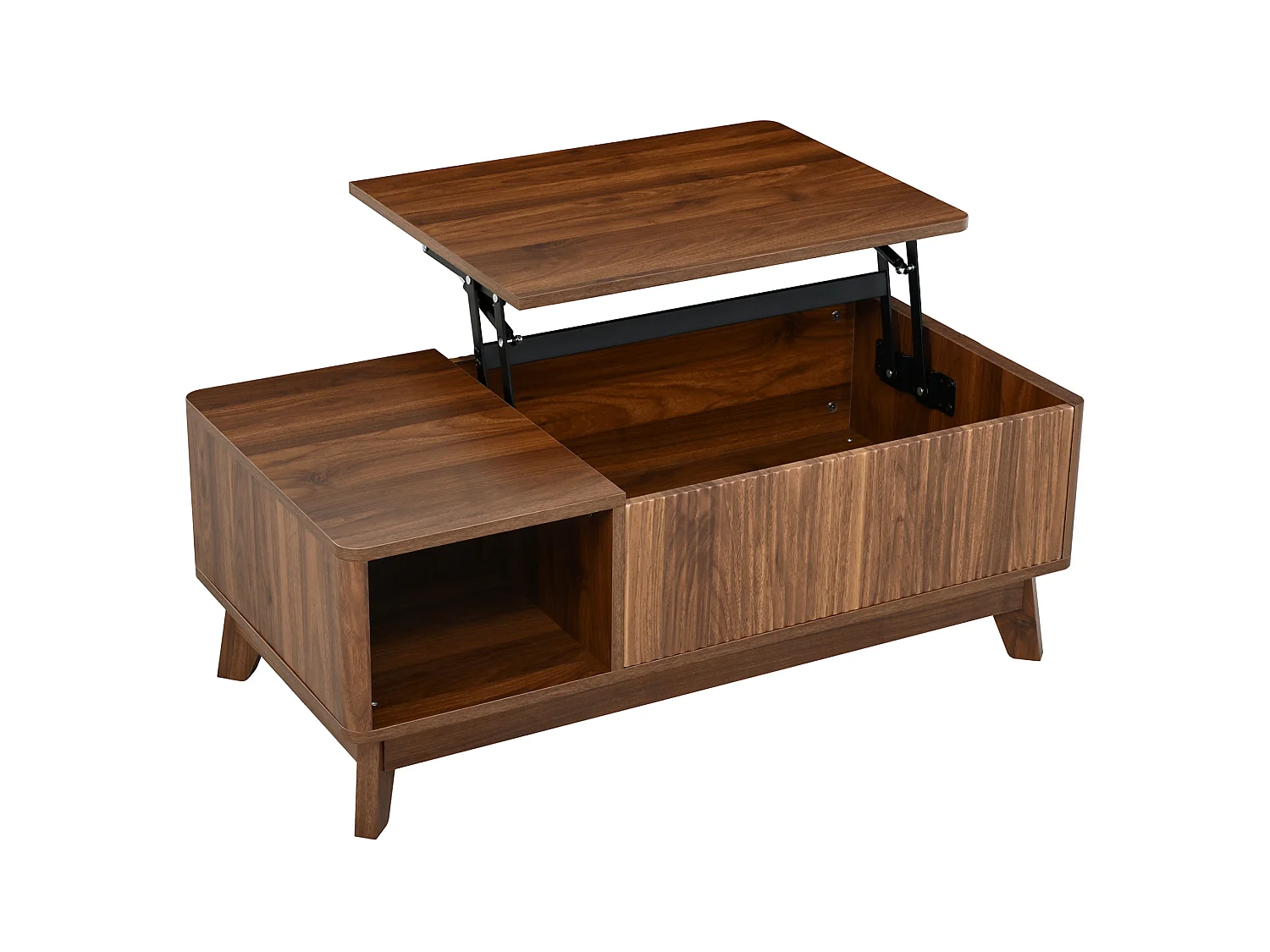 Table basse 95/48/50 cm avec plateau relevable, rangement caché et niche ouverte MDF noyer