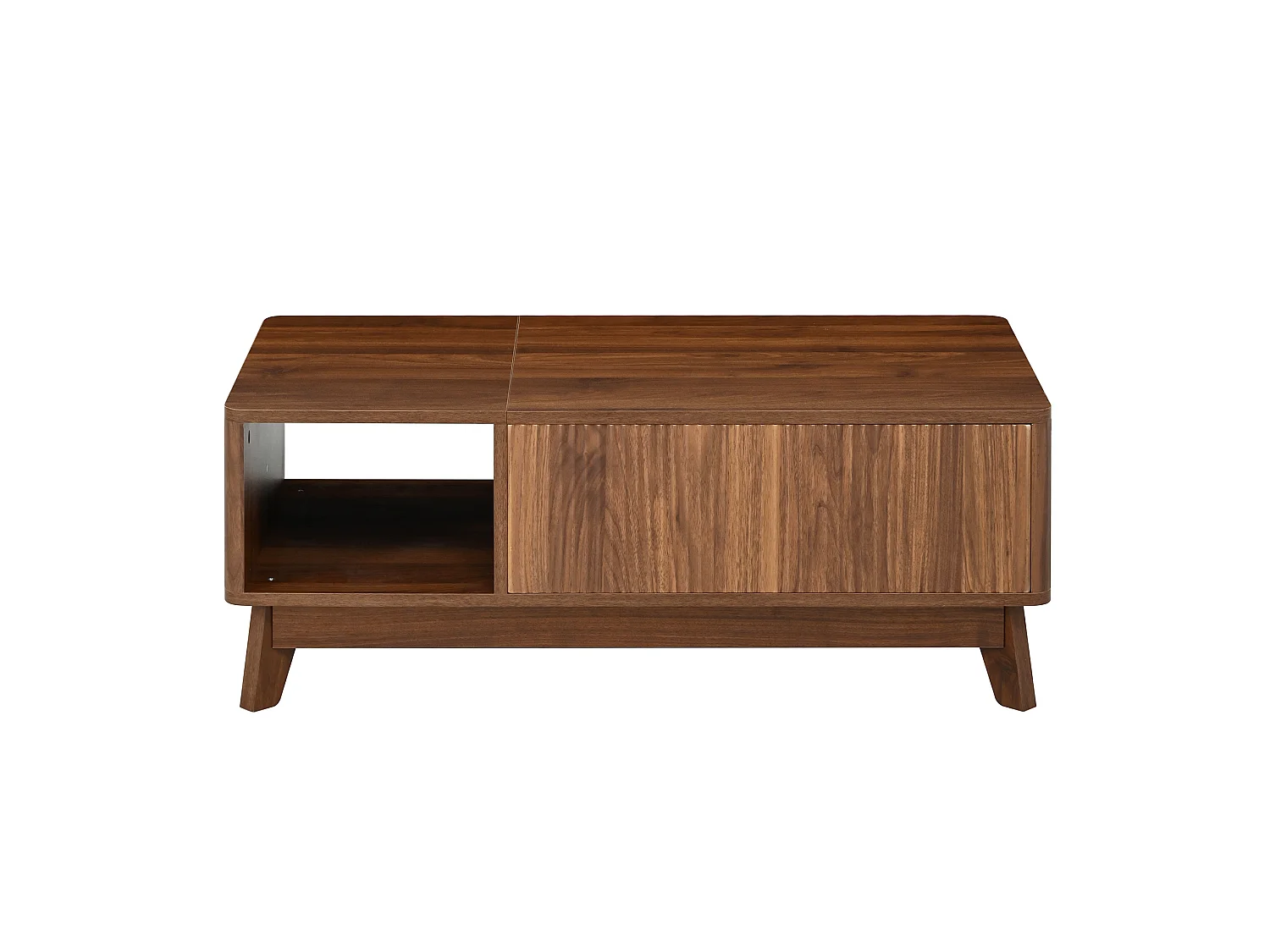 Table basse 95/48/50 cm avec plateau relevable, rangement caché et niche ouverte MDF noyer
