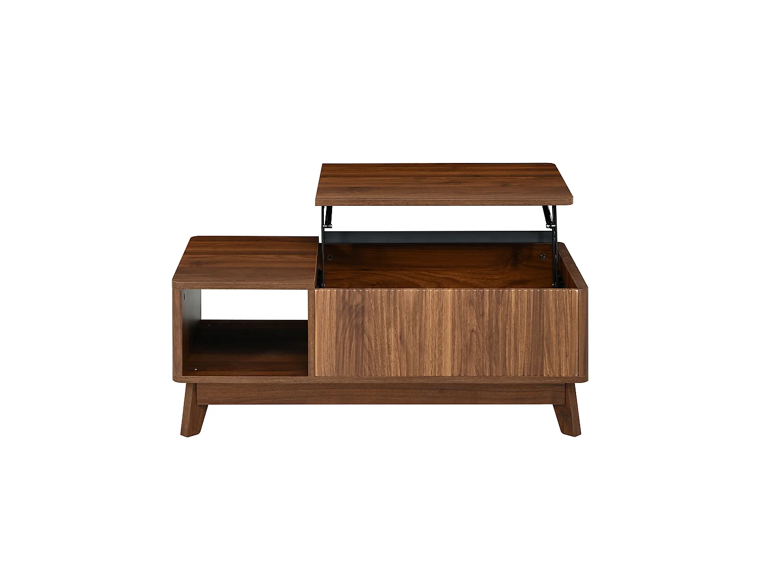 Table basse 95/48/50 cm avec plateau relevable, rangement caché et niche ouverte MDF noyer