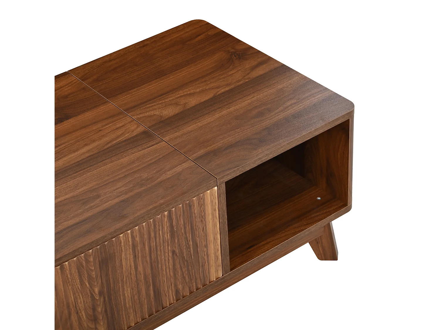 Table basse 95/48/50 cm avec plateau relevable, rangement caché et niche ouverte MDF noyer