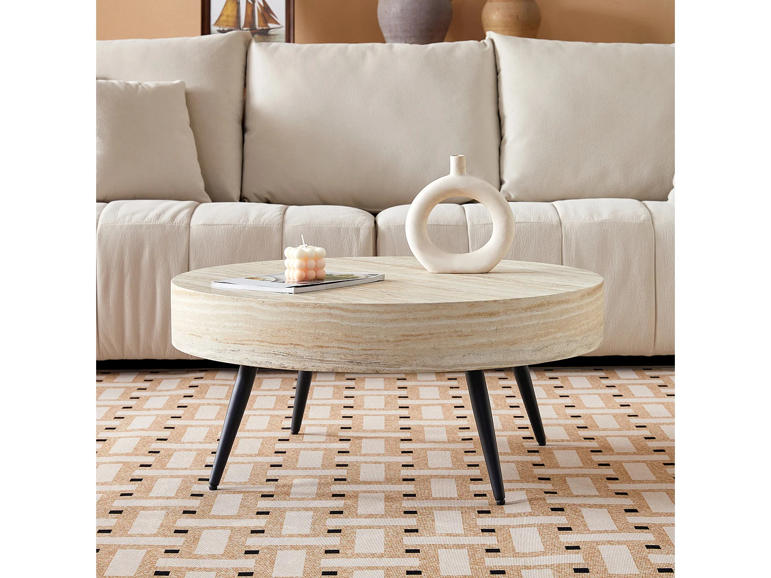 Table basse ronde 70/35.5 cm avec pieds réglables MDF effet travertin clair et métal noir