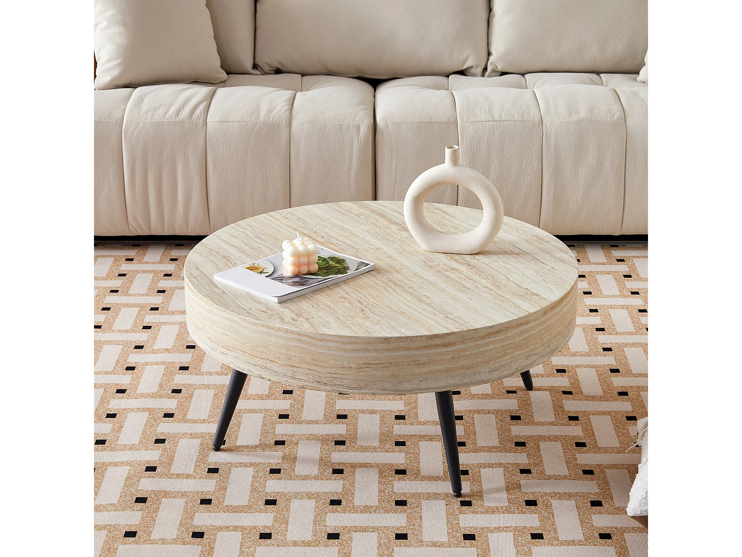 Table basse ronde 70/35.5 cm avec pieds réglables MDF effet travertin clair et métal noir