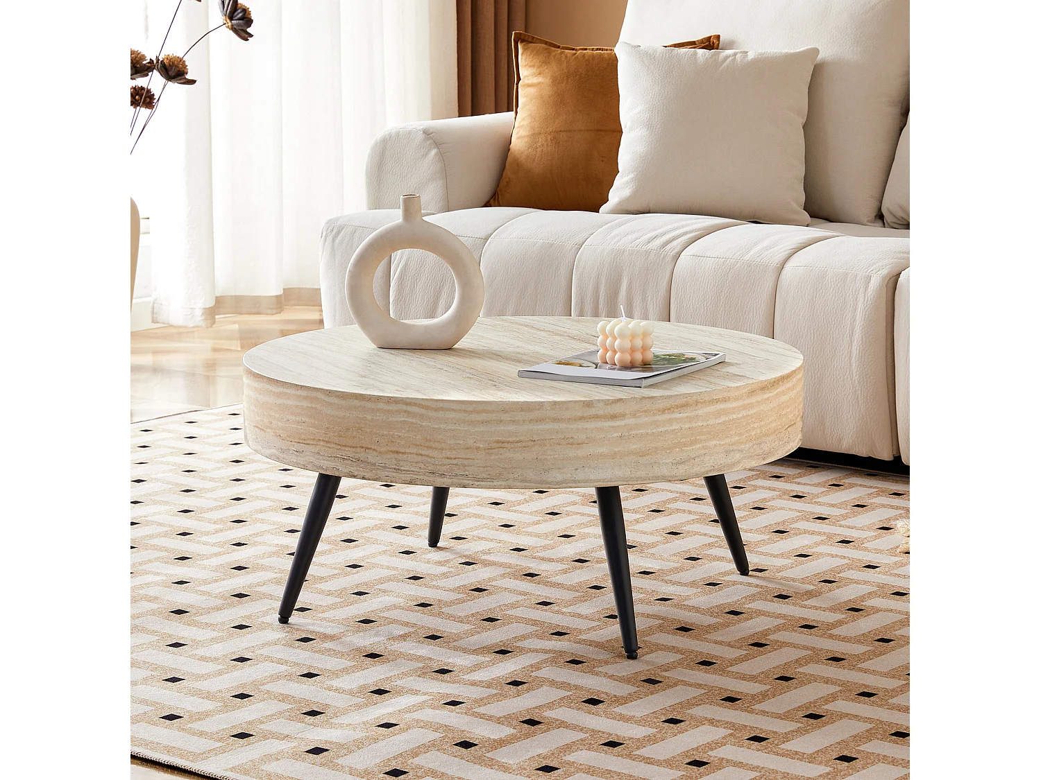 Table basse ronde 70/35.5 cm avec pieds réglables MDF effet travertin clair et métal noir