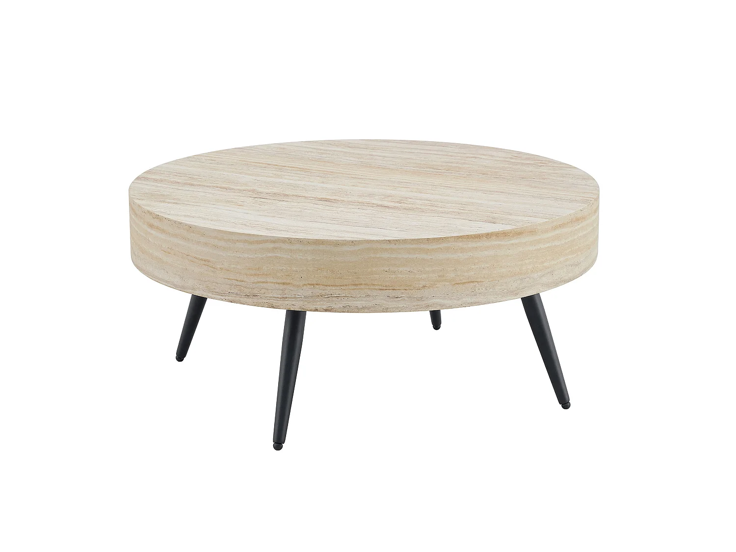 Table basse ronde 70/35.5 cm avec pieds réglables MDF effet travertin clair et métal noir