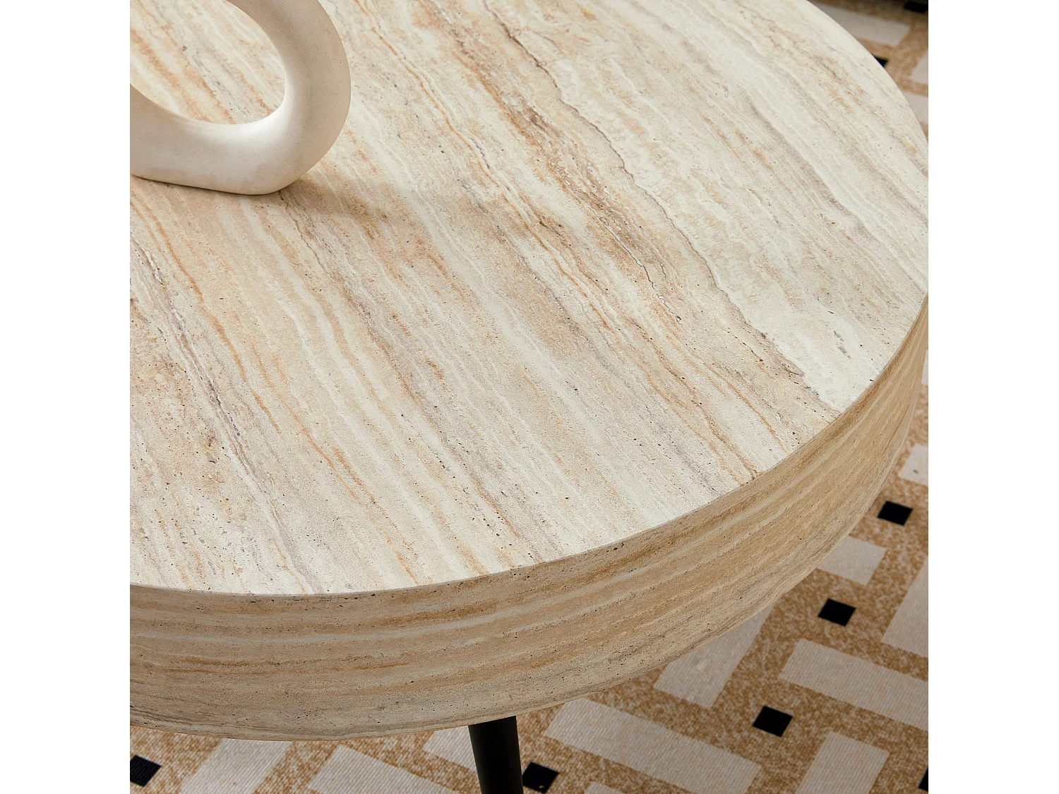 Table basse ronde 70/35.5 cm avec pieds réglables MDF effet travertin clair et métal noir