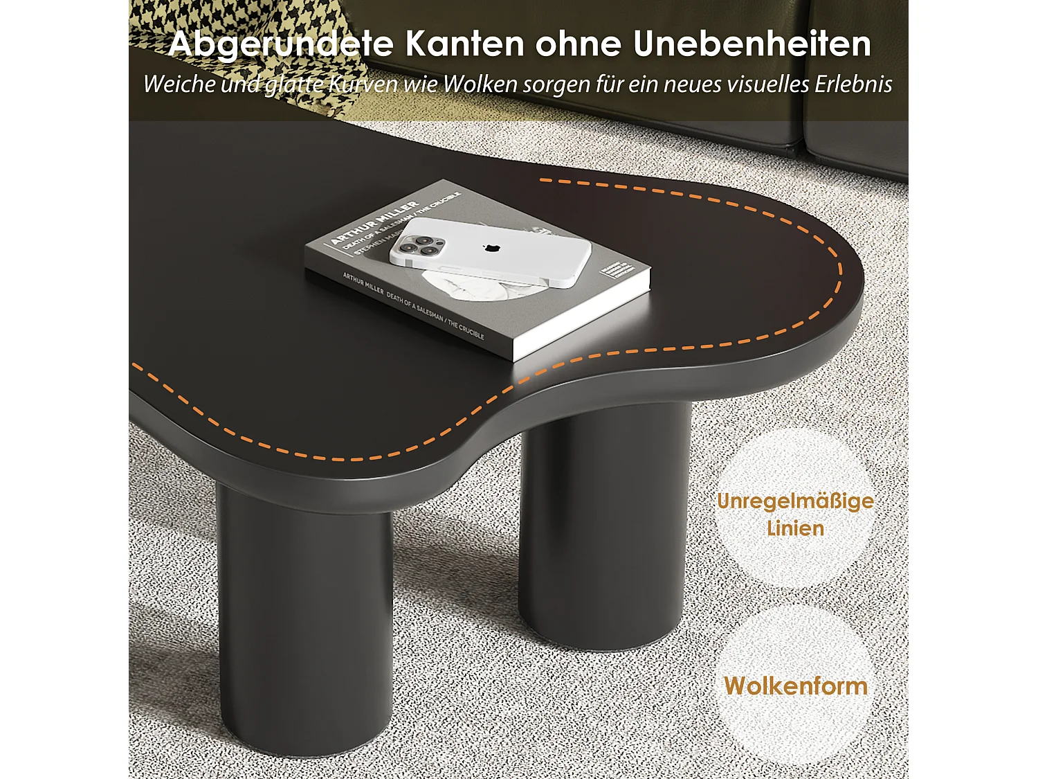 Table basse 107/66/40.5 cm avec forme nuage avec patins feutre MDF noir
