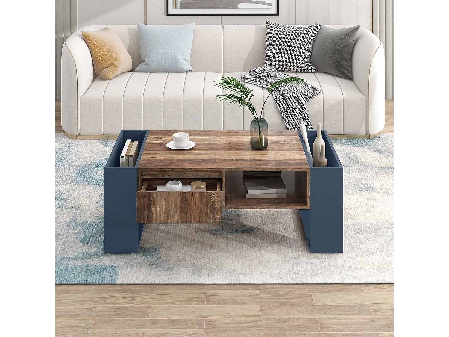 Table basse 111/40/60 cm avec tiroir et rangements doubles Panneaux de particules bois et gris noir
