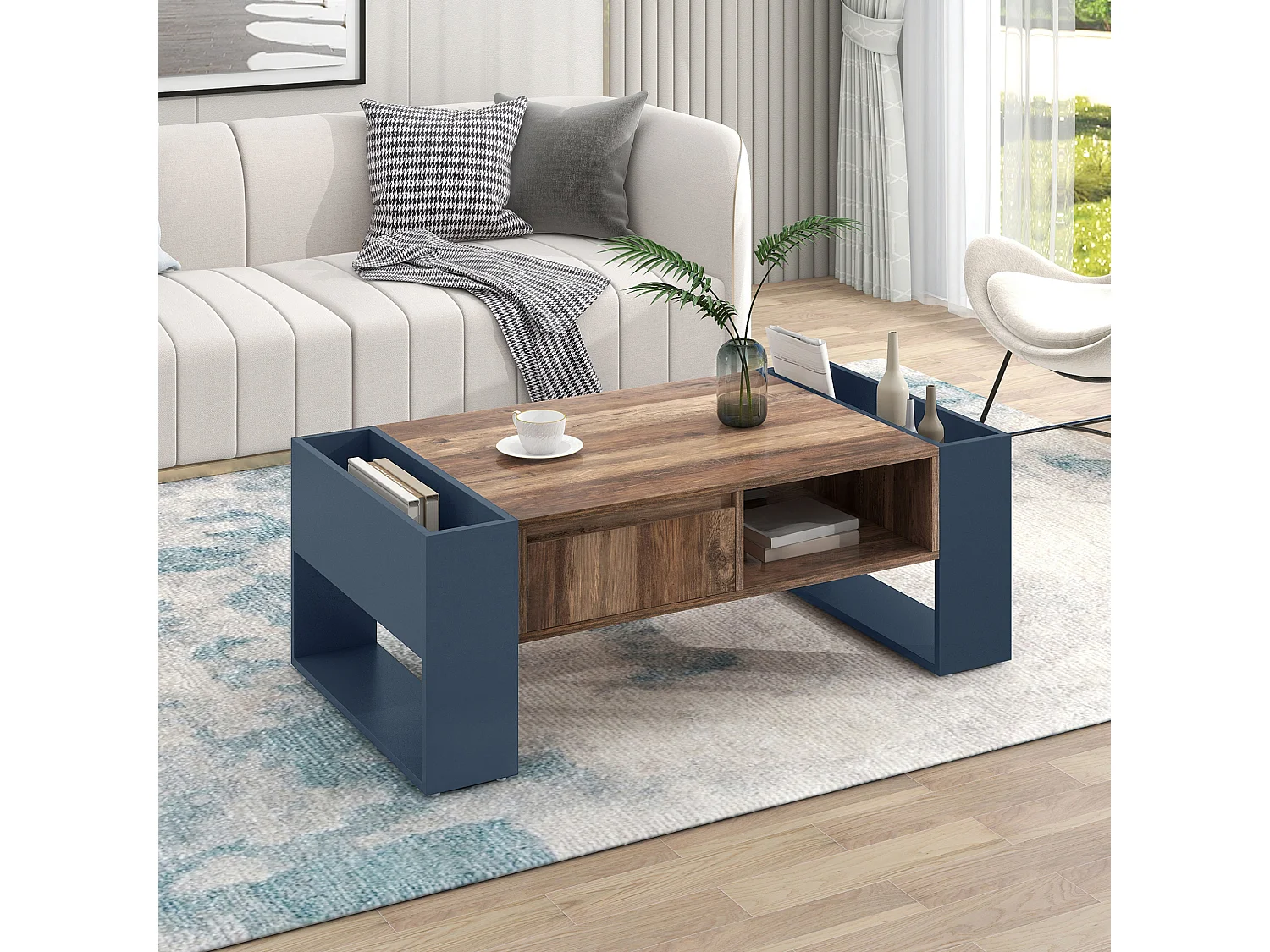 Table basse 111/40/60 cm avec tiroir et rangements doubles Panneaux de particules bois et gris noir
