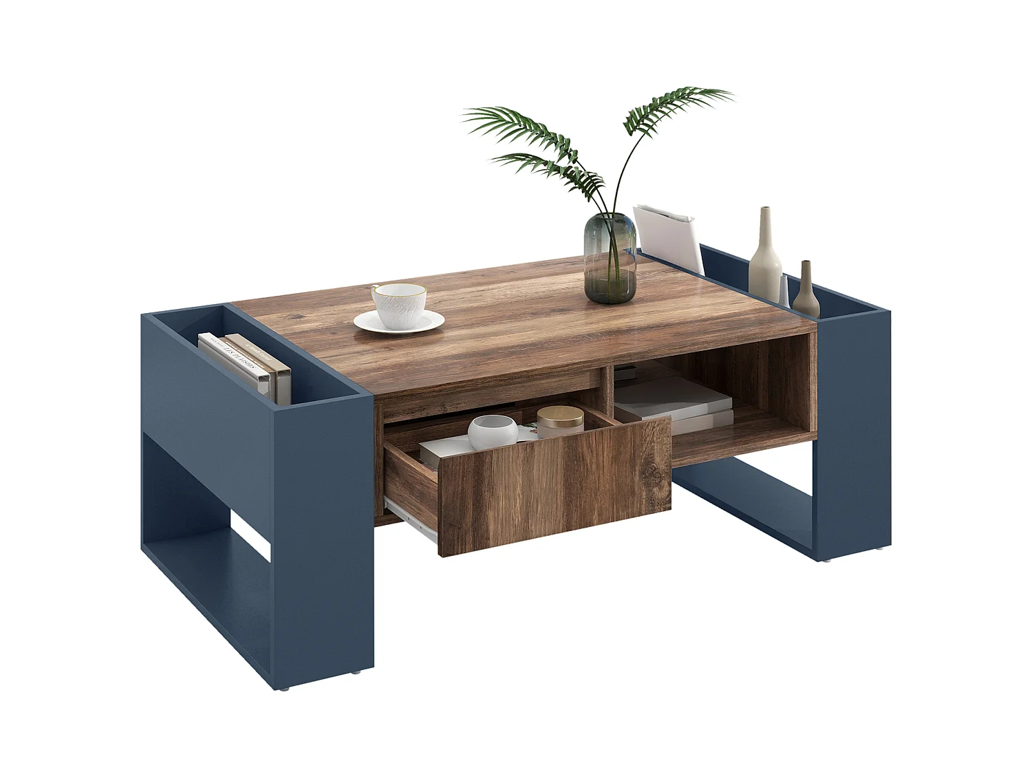 Table basse 111/40/60 cm avec tiroir et rangements doubles Panneaux de particules bois et gris noir