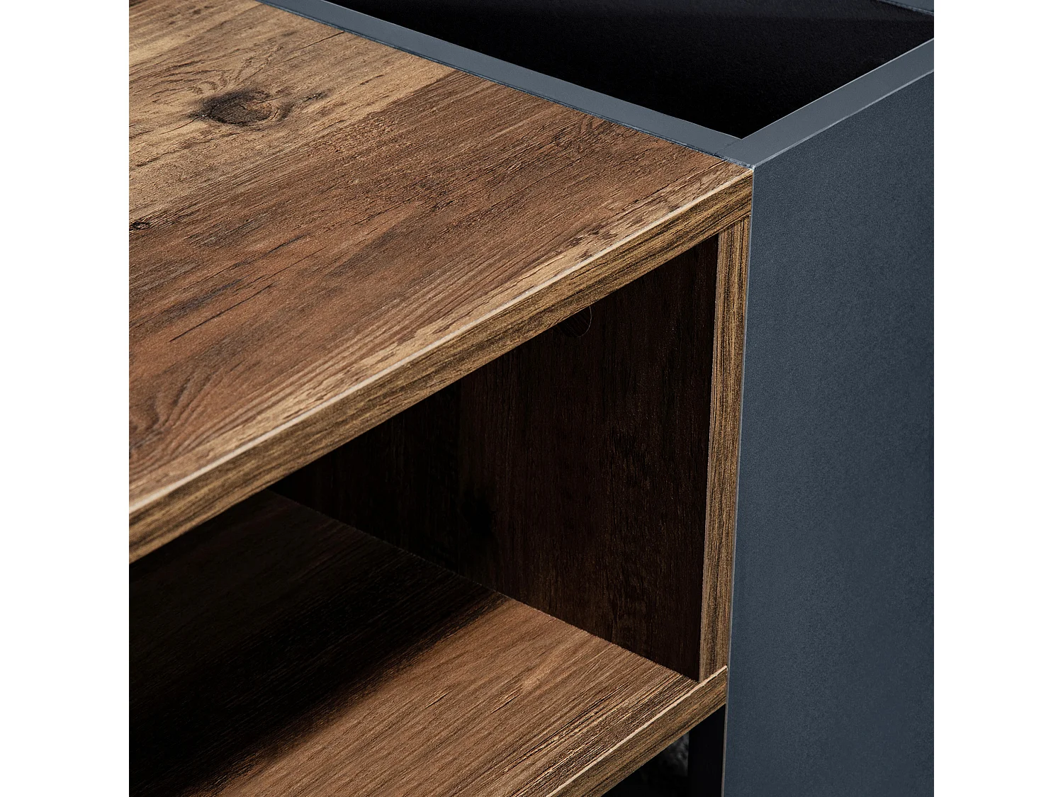 Table basse 111/40/60 cm avec tiroir et rangements doubles Panneaux de particules bois et gris noir