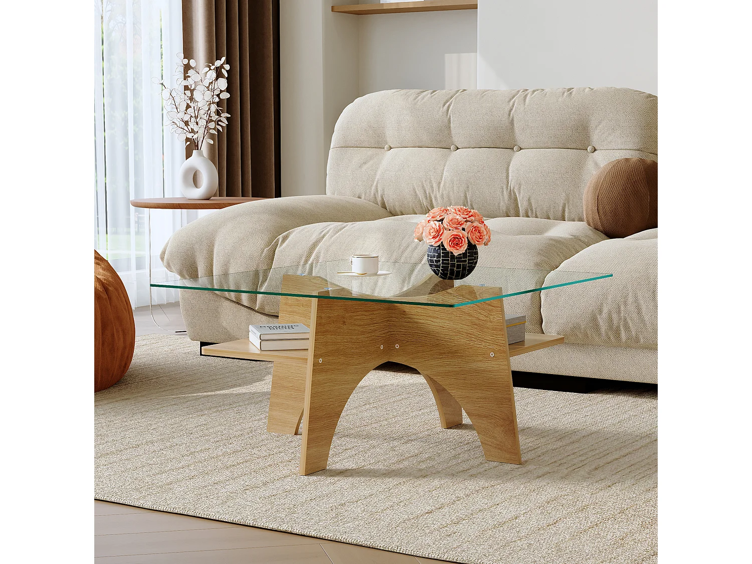Table basse 80/40/80 cm avec plateau en verre et rangement Verre transparent MDF bois clair