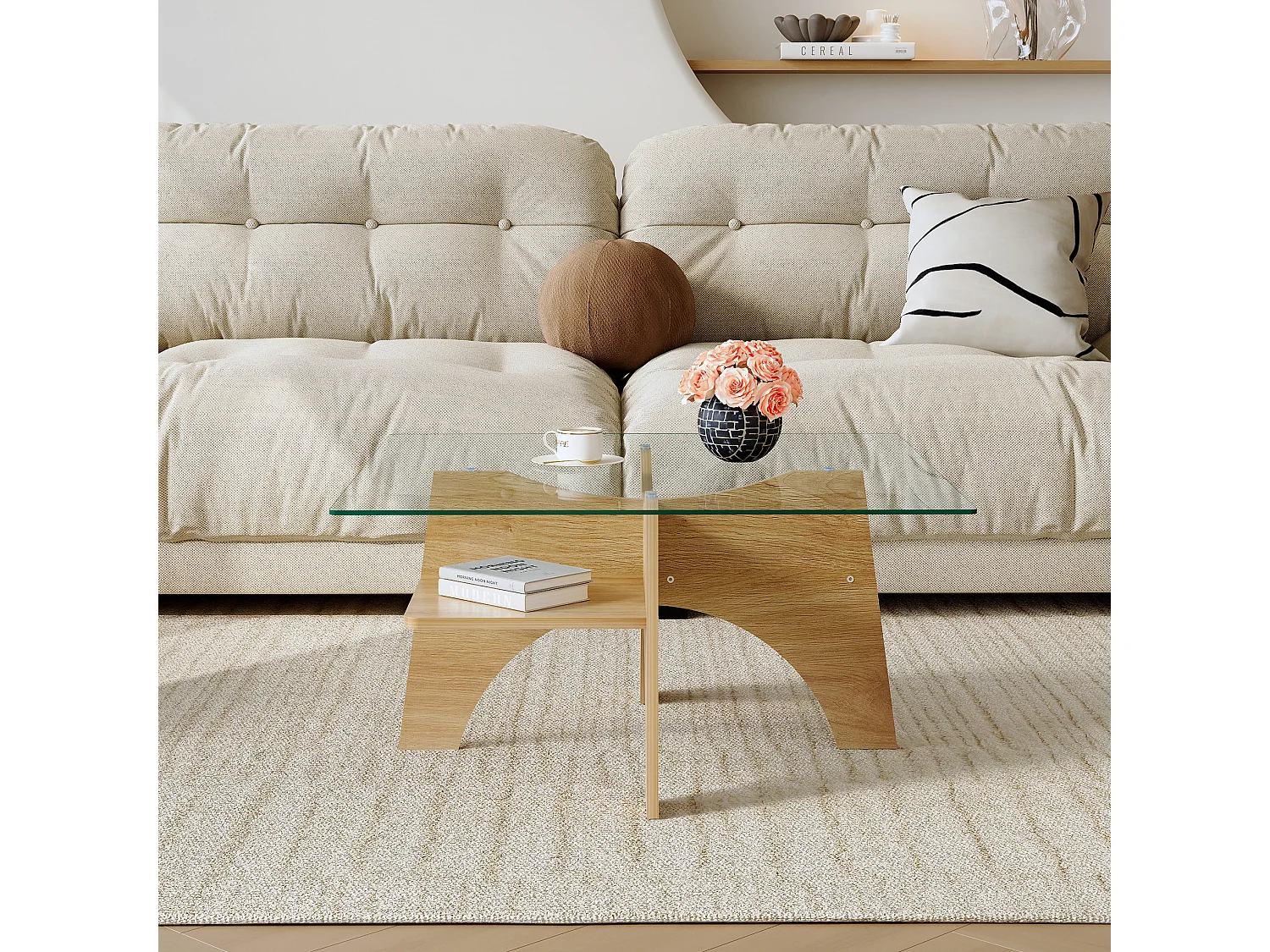 Table basse 80/40/80 cm avec plateau en verre et rangement Verre transparent MDF bois clair