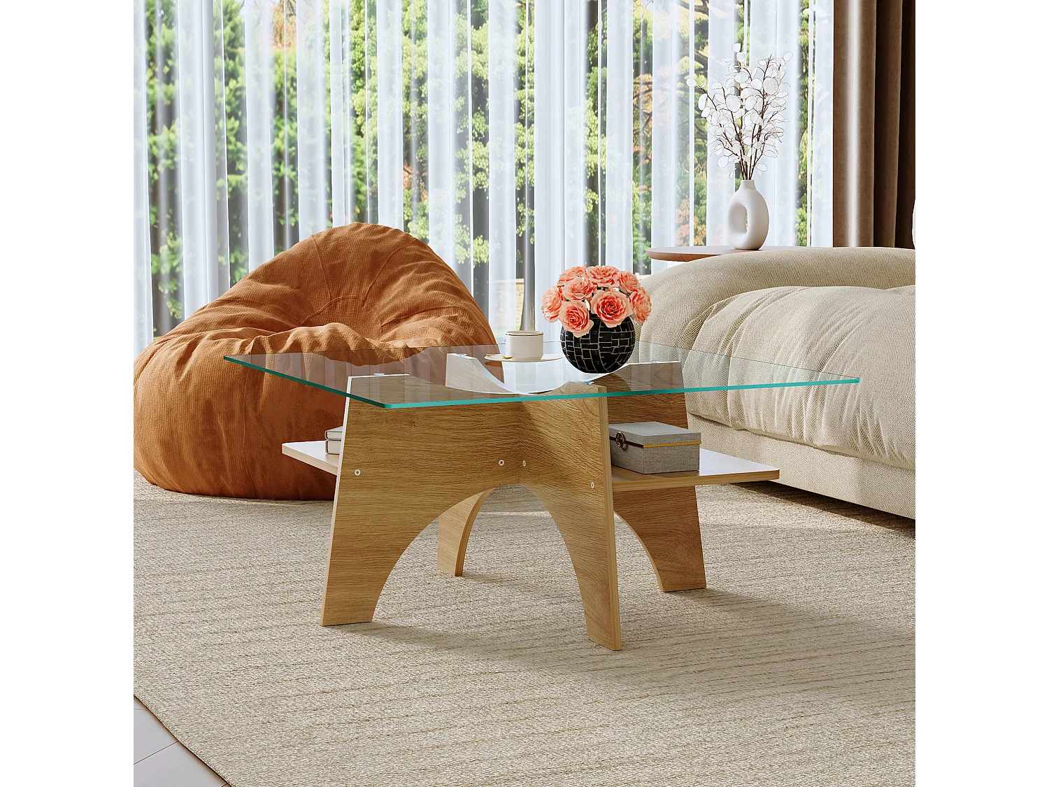 Table basse 80/40/80 cm avec plateau en verre et rangement Verre transparent MDF bois clair