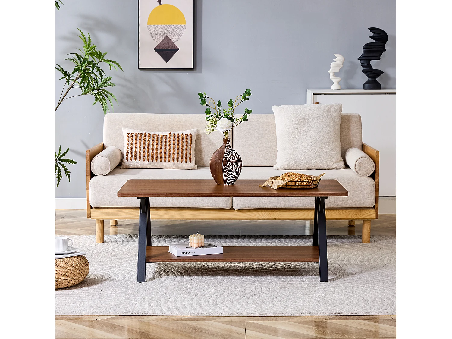 Table basse 110/57/44.5 cm avec étagère de rangement MDF noyer