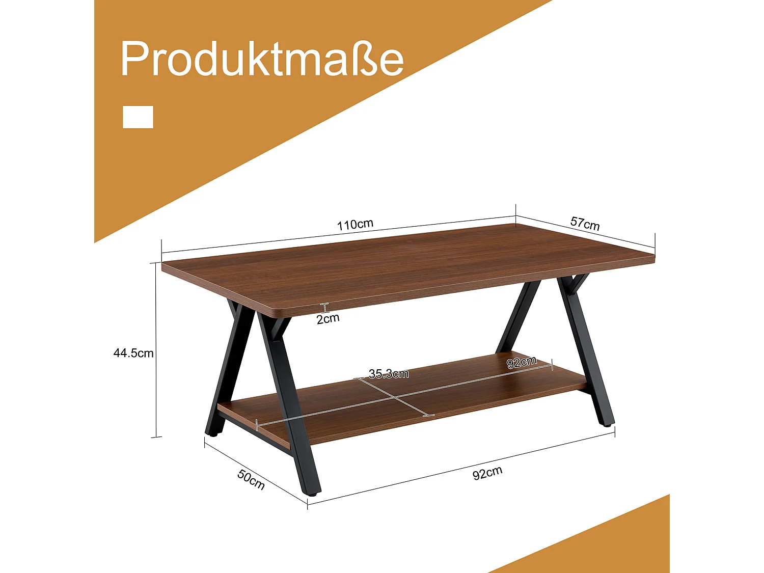 Table basse 110/57/44.5 cm avec étagère de rangement MDF noyer