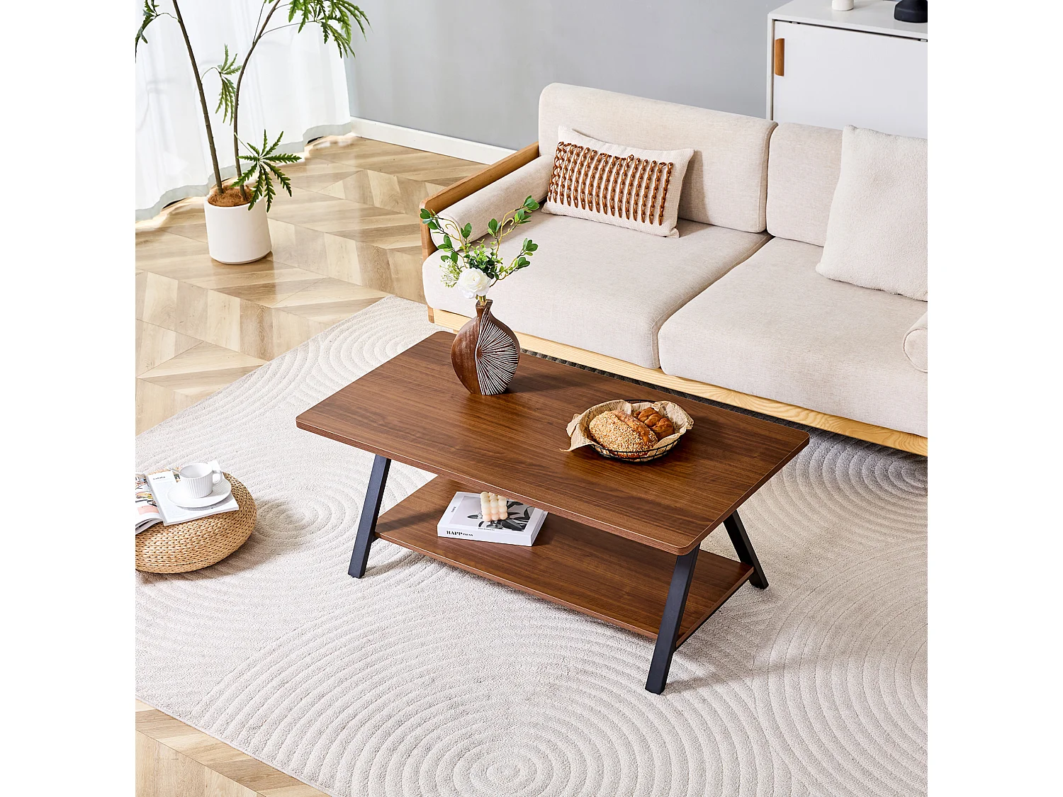 Table basse 110/57/44.5 cm avec étagère de rangement MDF noyer