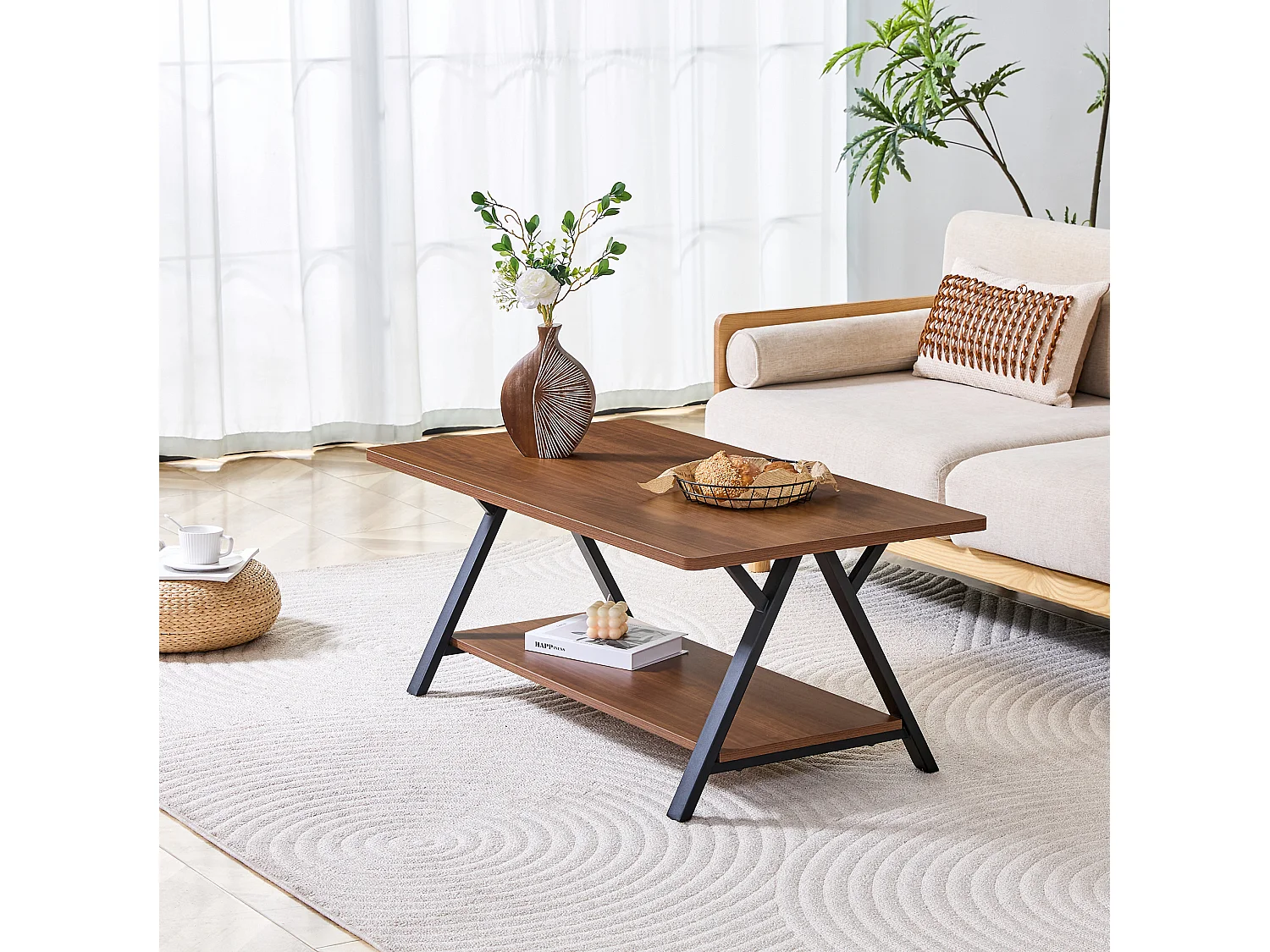 Table basse 110/57/44.5 cm avec étagère de rangement MDF noyer