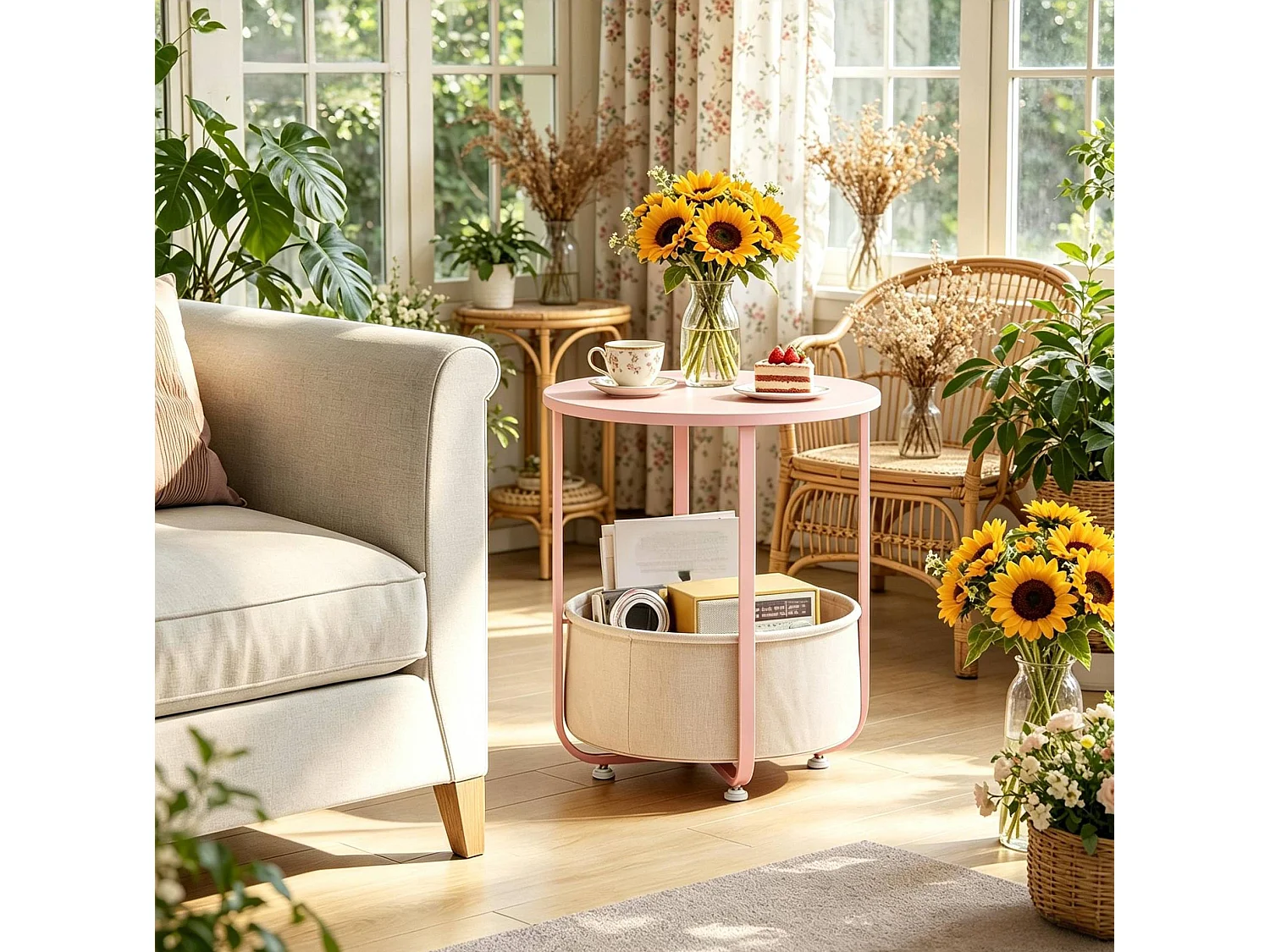 Table d'appoint ronde 45/50 cm avec rangement Métal, toile et bois rose
