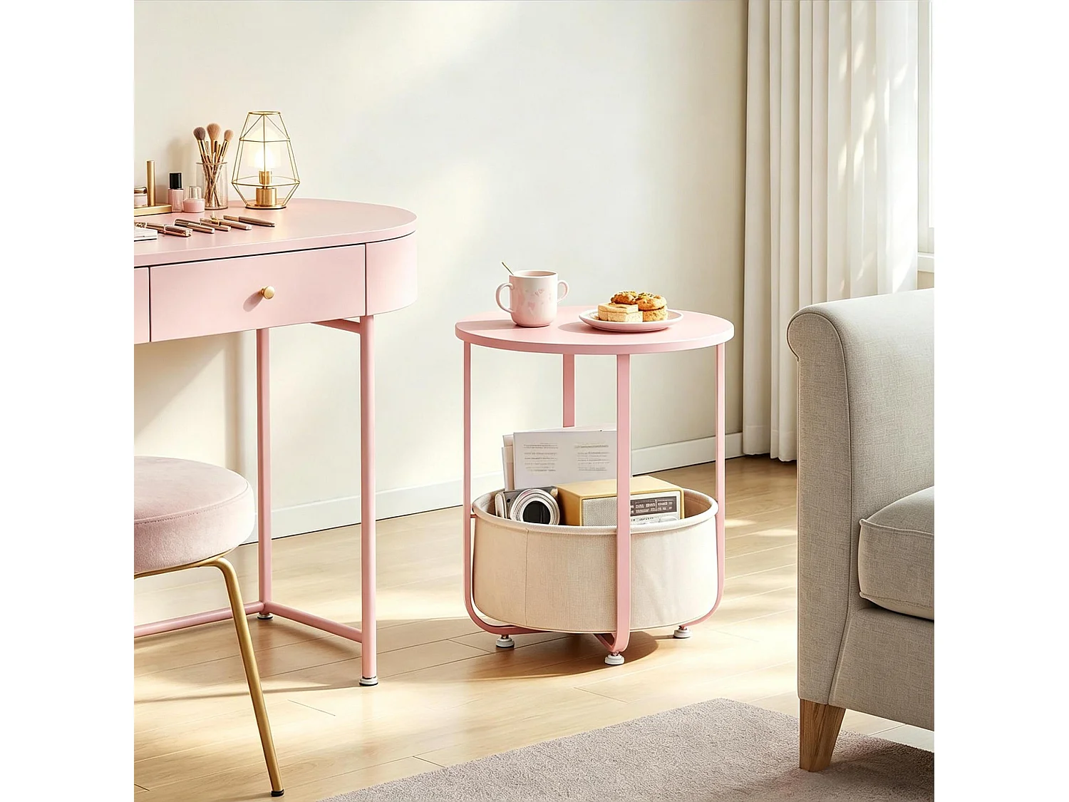 Table d'appoint ronde 45/50 cm avec rangement Métal, toile et bois rose