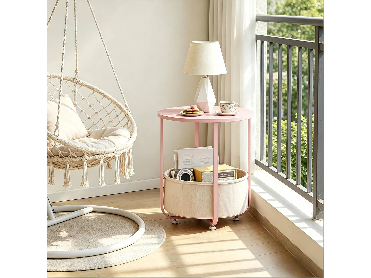 Table d'appoint ronde 45/50 cm avec rangement Métal, toile et bois rose