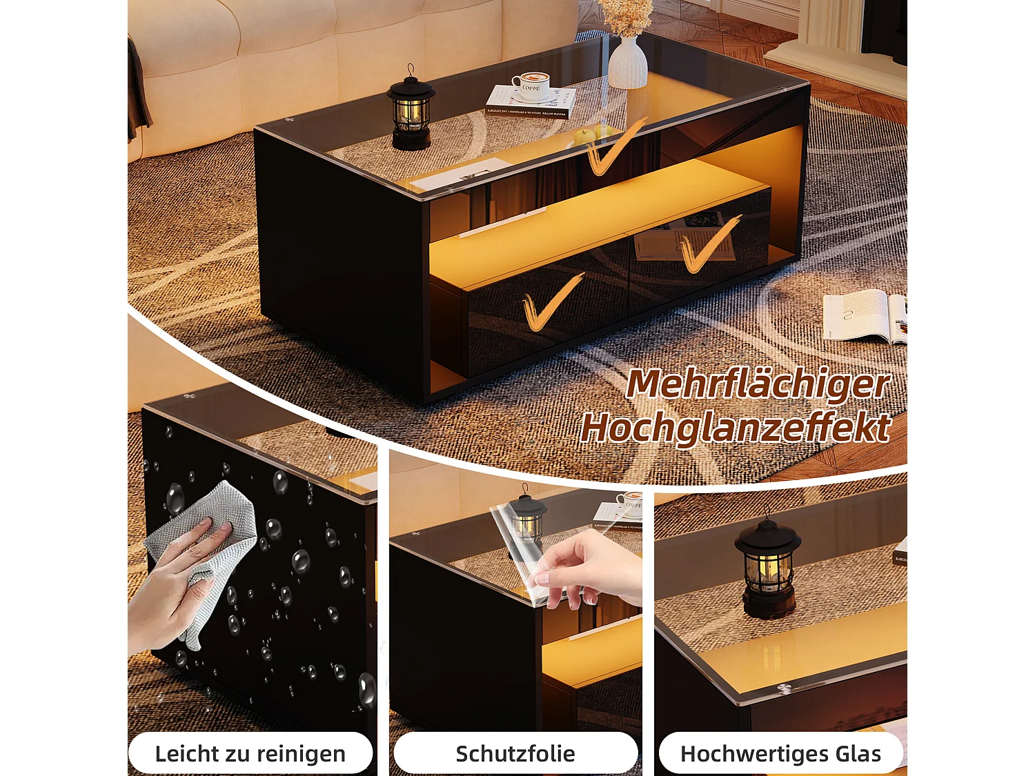 Tavolino da salotto in pannello di particelle e vetro temperato nero, 100 x 50 x 40 cm, con LED e 2 cassetti