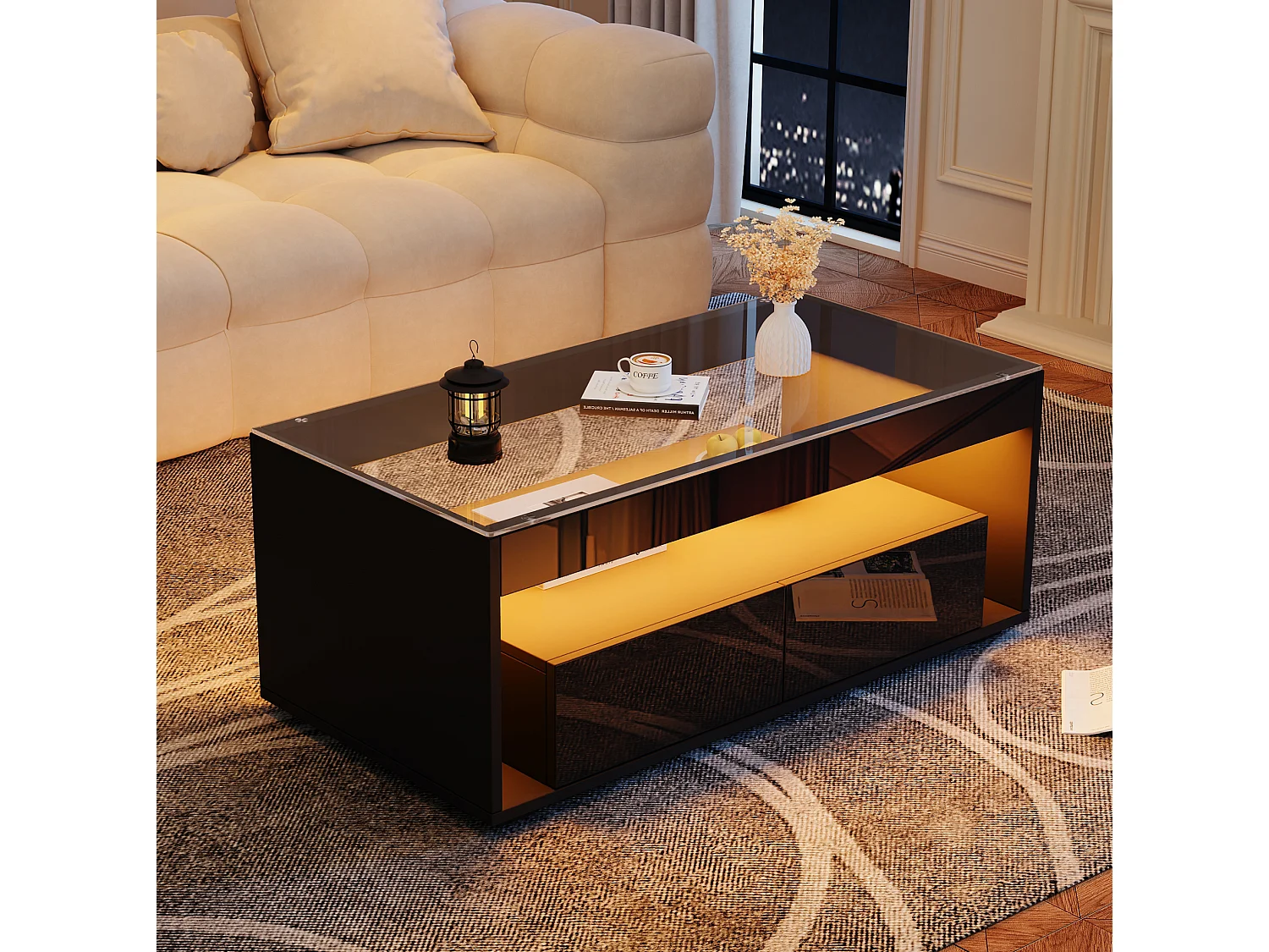 Tavolino da salotto in pannello di particelle e vetro temperato nero, 100 x 50 x 40 cm, con LED e 2 cassetti