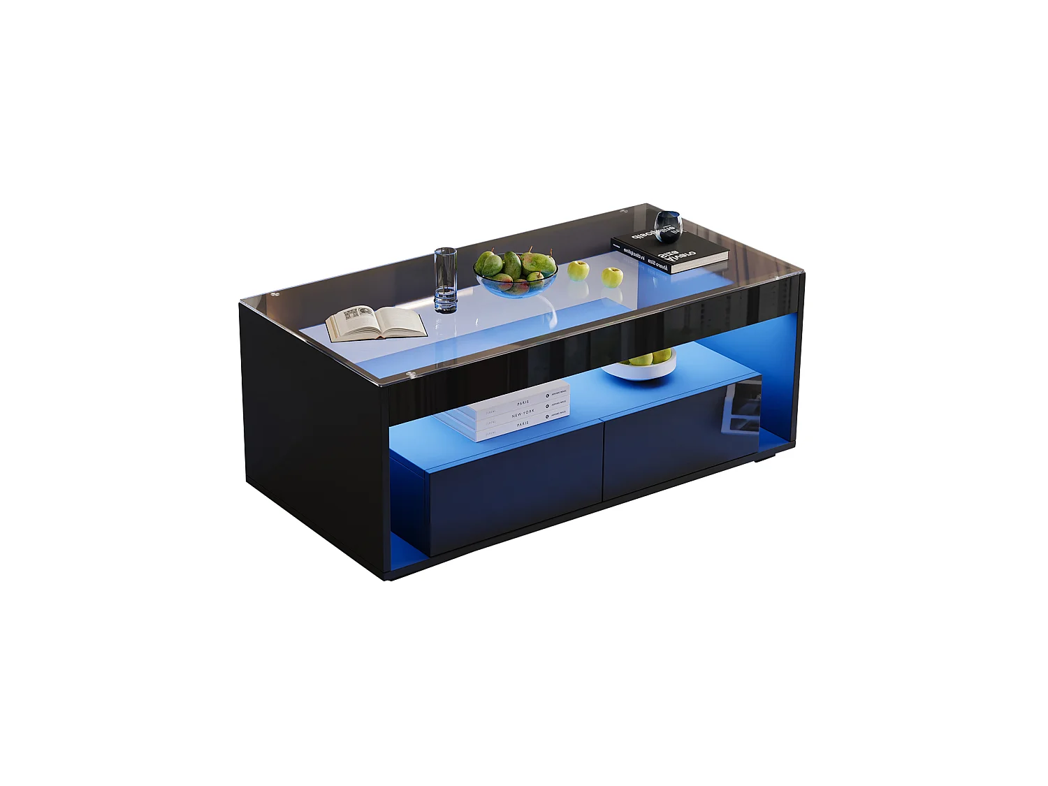 Tavolino da salotto in pannello di particelle e vetro temperato nero, 100 x 50 x 40 cm, con LED e 2 cassetti