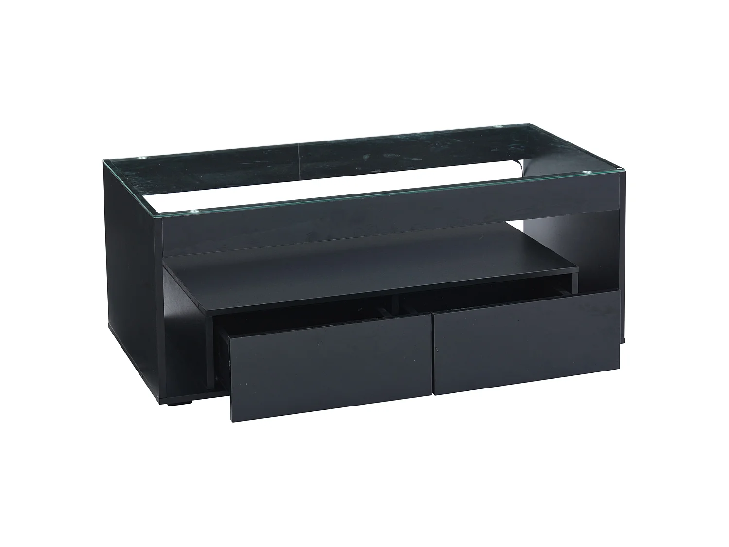 Tavolino da salotto in pannello di particelle e vetro temperato nero, 100 x 50 x 40 cm, con LED e 2 cassetti