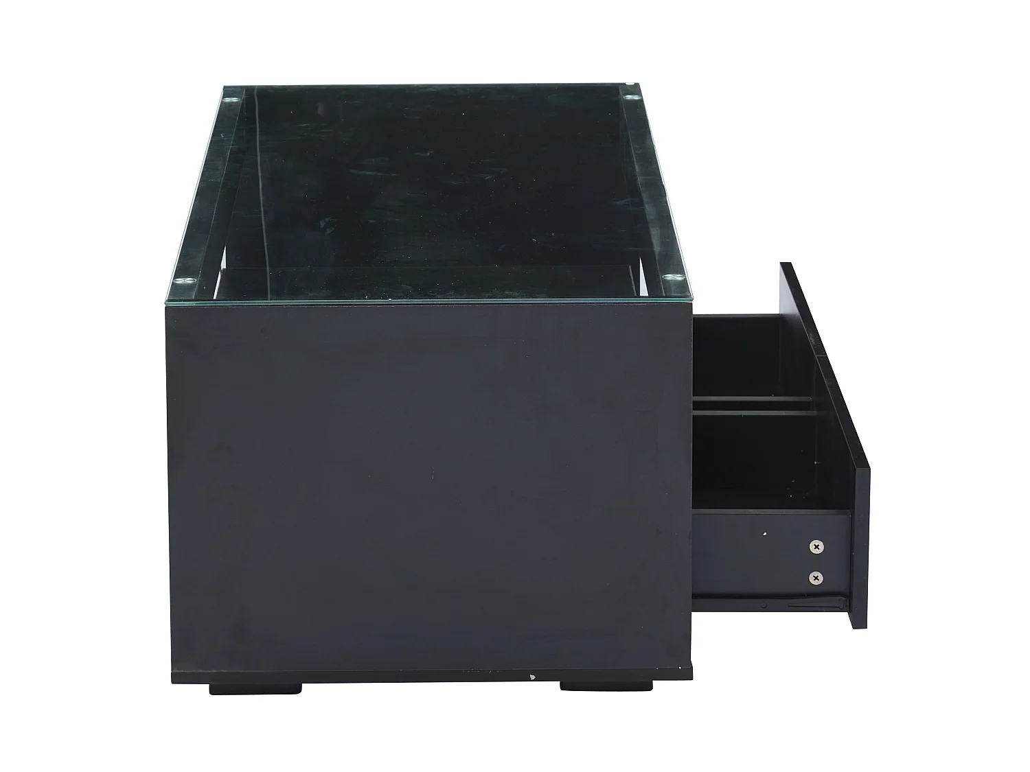 Tavolino da salotto in pannello di particelle e vetro temperato nero, 100 x 50 x 40 cm, con LED e 2 cassetti