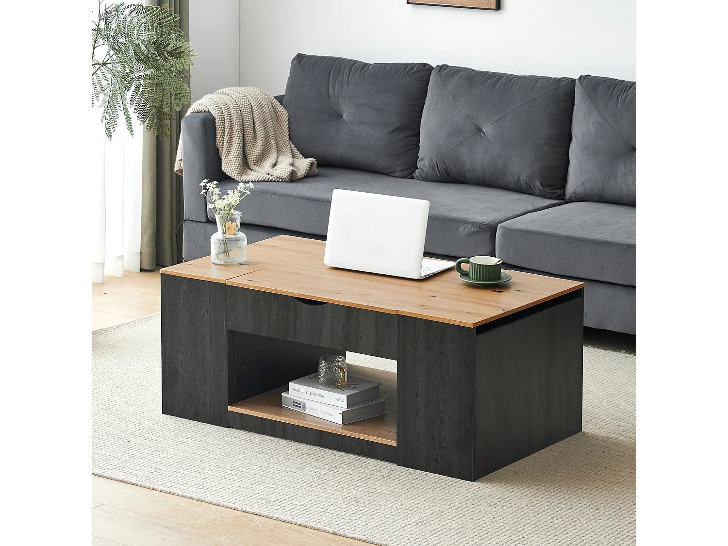 Table basse 109.5/43/59.7 cm avec plateau relevable et rangements MDF gris et brun