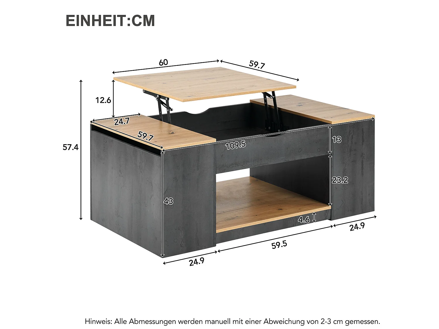 Table basse 109.5/43/59.7 cm avec plateau relevable et rangements MDF gris et brun