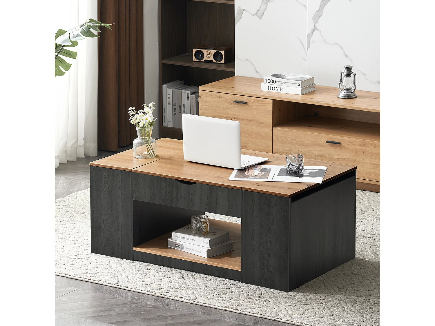Table basse 109.5/43/59.7 cm avec plateau relevable et rangements MDF gris et brun