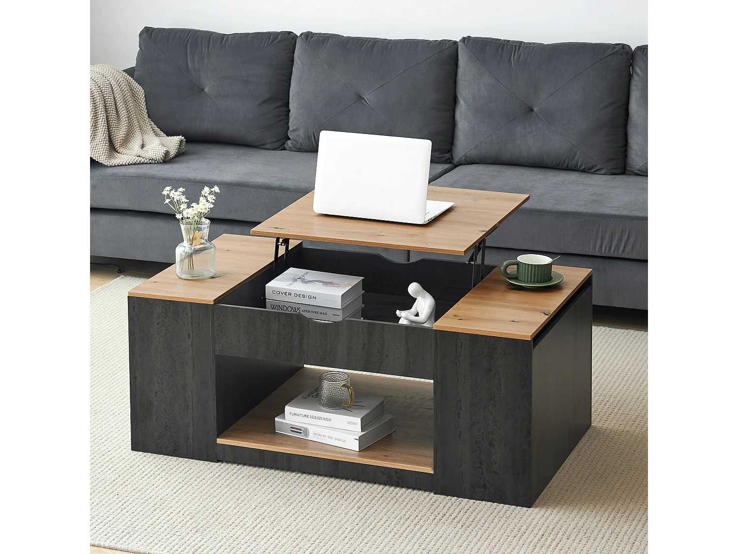 Table basse 109.5/43/59.7 cm avec plateau relevable et rangements MDF gris et brun