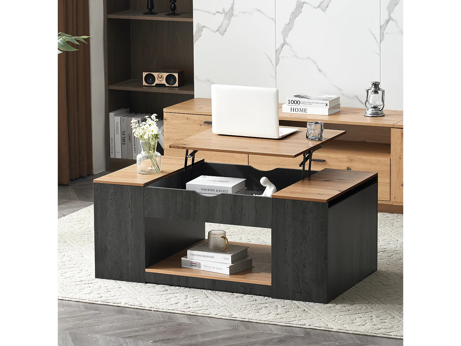 Table basse 109.5/43/59.7 cm avec plateau relevable et rangements MDF gris et brun
