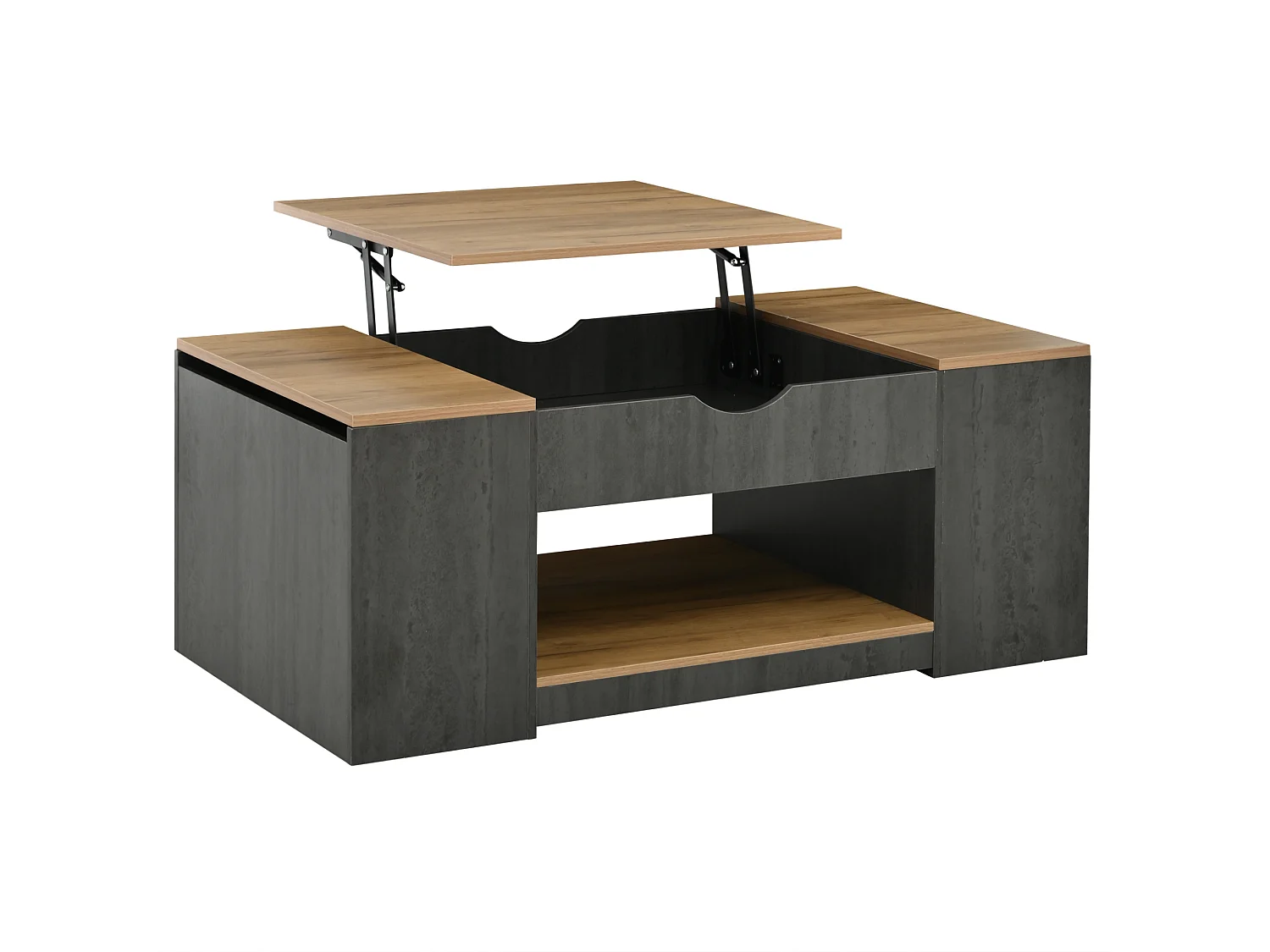 Table basse 109.5/43/59.7 cm avec plateau relevable et rangements MDF gris et brun
