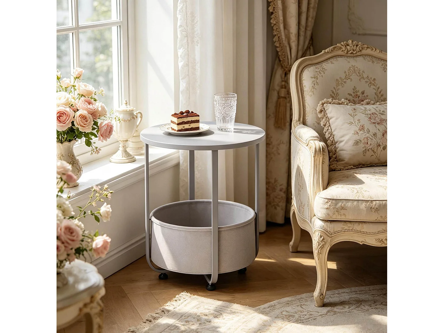 Table d'appoint ronde 45/50 cm avec panier de rangement Bois gris et métal