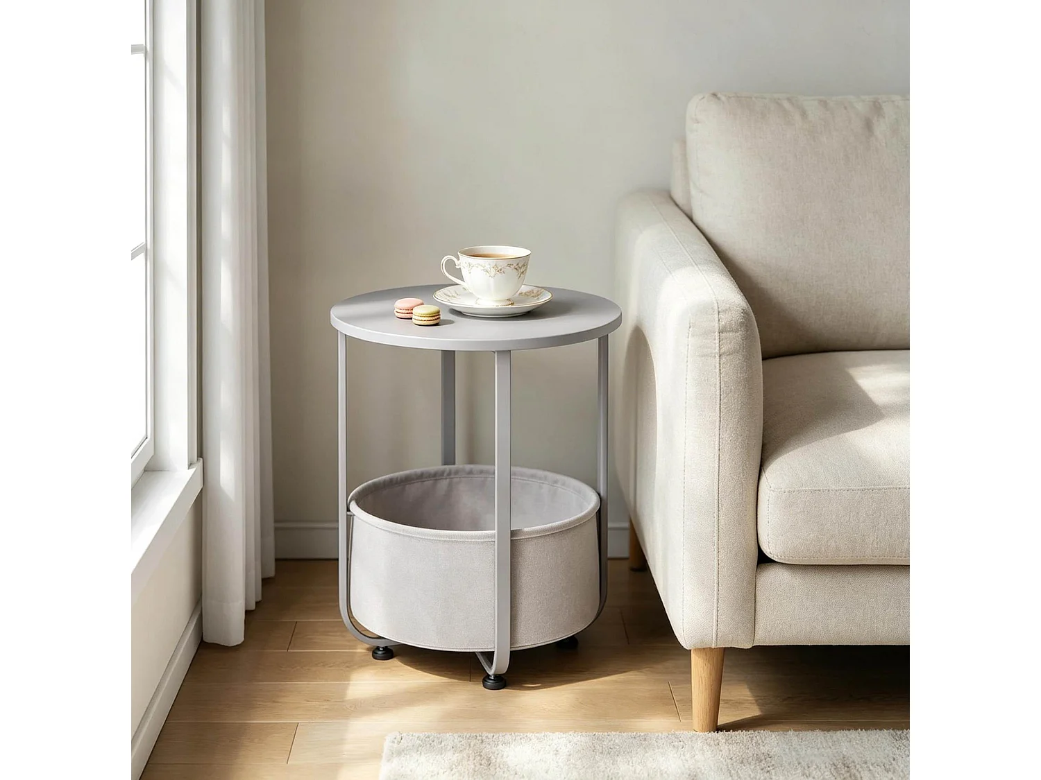 Table d'appoint ronde 45/50 cm avec panier de rangement Bois gris et métal