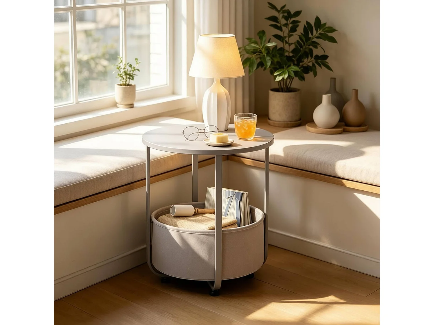 Table d'appoint ronde 45/50 cm avec panier de rangement Bois gris et métal