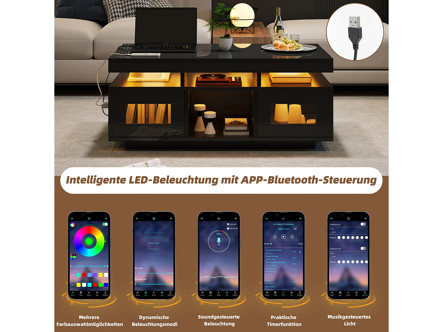 Table basse 100/50/43 cm avec LED, prise et port USB Panneau de particules noir