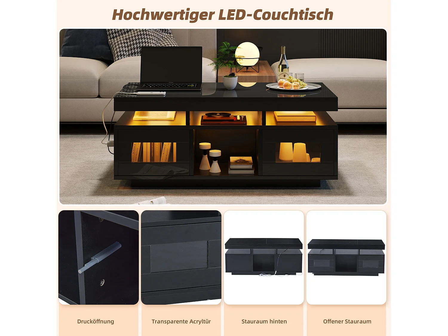 Table basse 100/50/43 cm avec LED, prise et port USB Panneau de particules noir