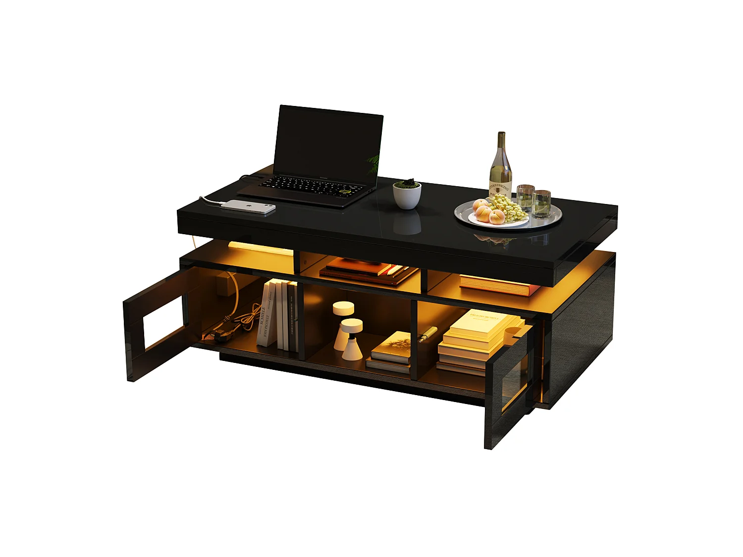Table basse 100/50/43 cm avec LED, prise et port USB Panneau de particules noir